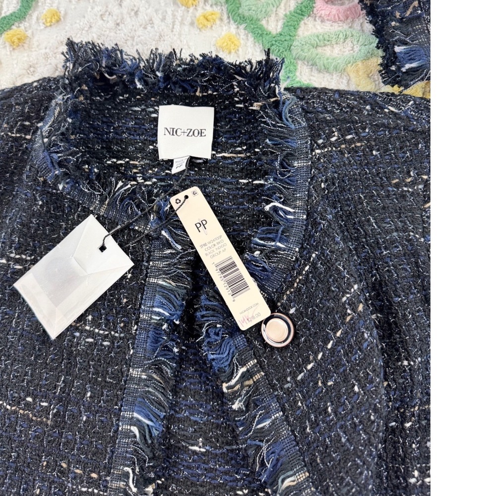 NIC ZOE Tweed Fringe Collarless Blazer Jacket Navy Multi Textured Cropped pp‎ - Picture 7 of 9